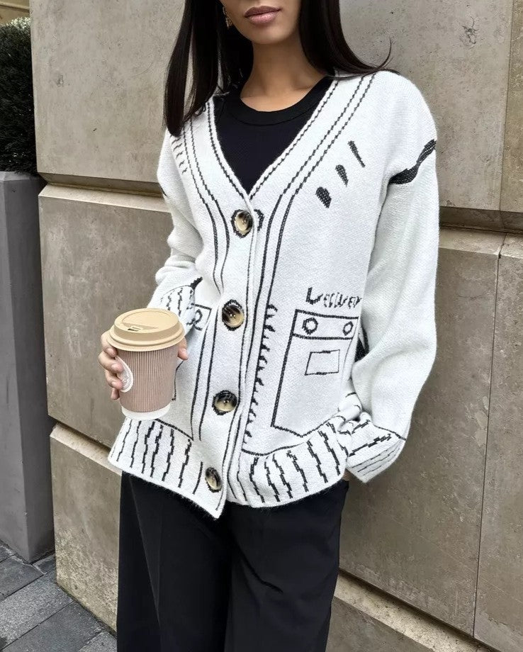 Sketch Line Art Jacquard Knit Cardigan - White - 1