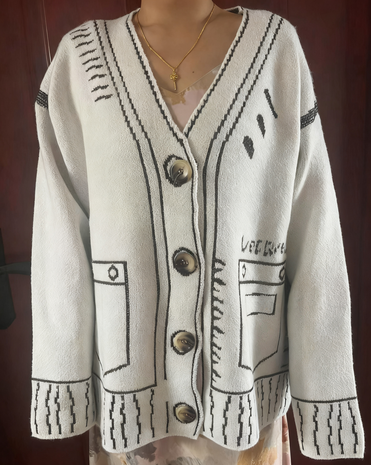 Sketch Line Art Jacquard Knit Cardigan - White - 2