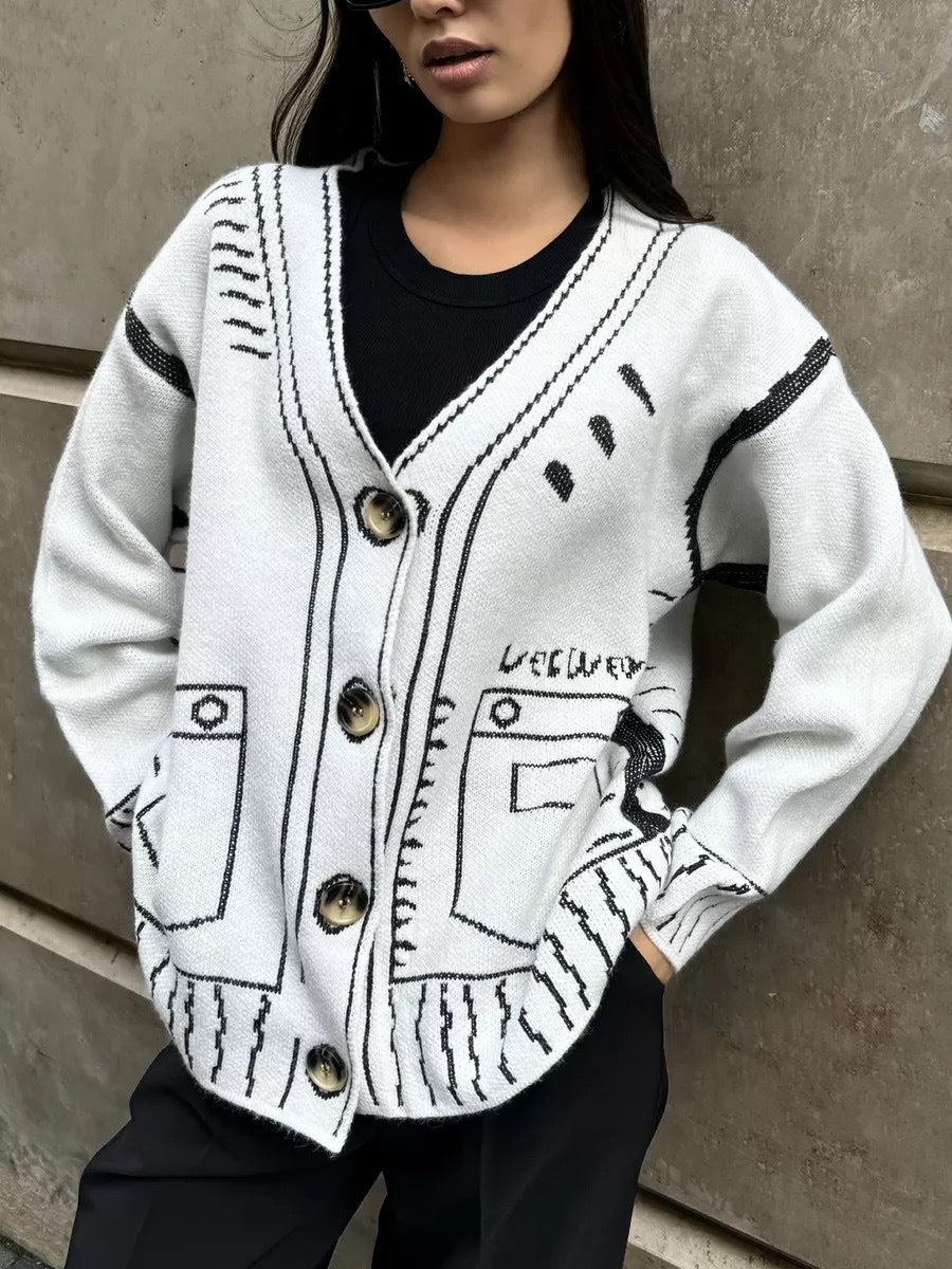 Sketch Line Art Jacquard Knit Cardigan