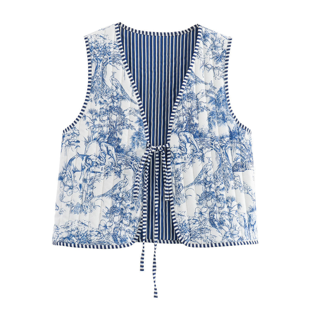 Reversible Floral Patchwork Quilted Vest - Blue