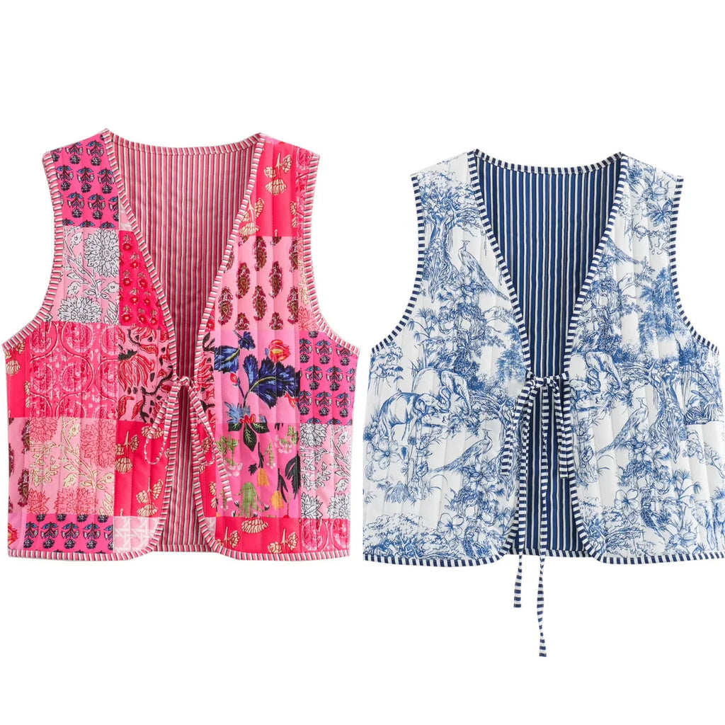 Reversible Floral Patchwork Quilted Vest - Blue - 1