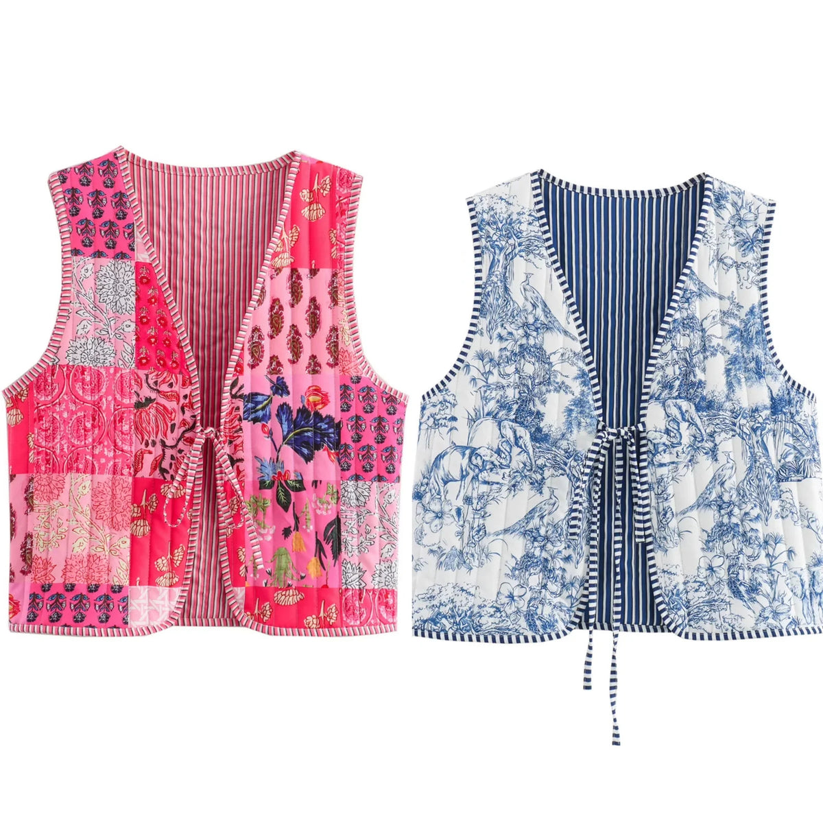 Reversible Floral Patchwork Quilted Vest - Blue - 1