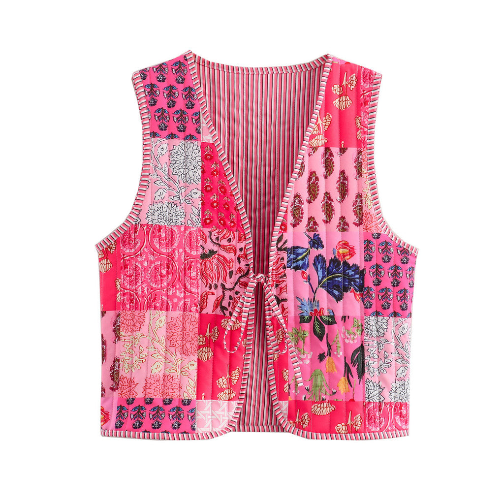 Reversible Floral Patchwork Quilted Vest - Red