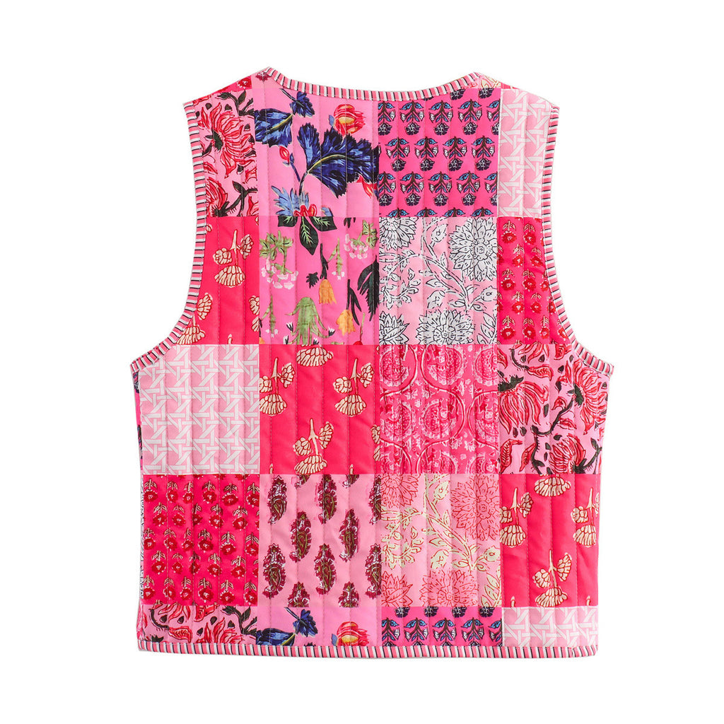 Reversible Floral Patchwork Quilted Vest - Red - 1