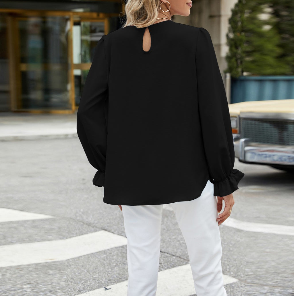 Pleated Round Neck Ruffle Cuff Blouse - Black - 1