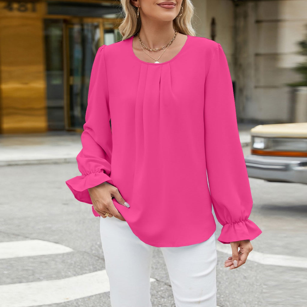 Pleated Round Neck Ruffle Cuff Blouse - Rosered - 1