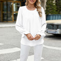 Pleated Round Neck Ruffle Cuff Blouse - White