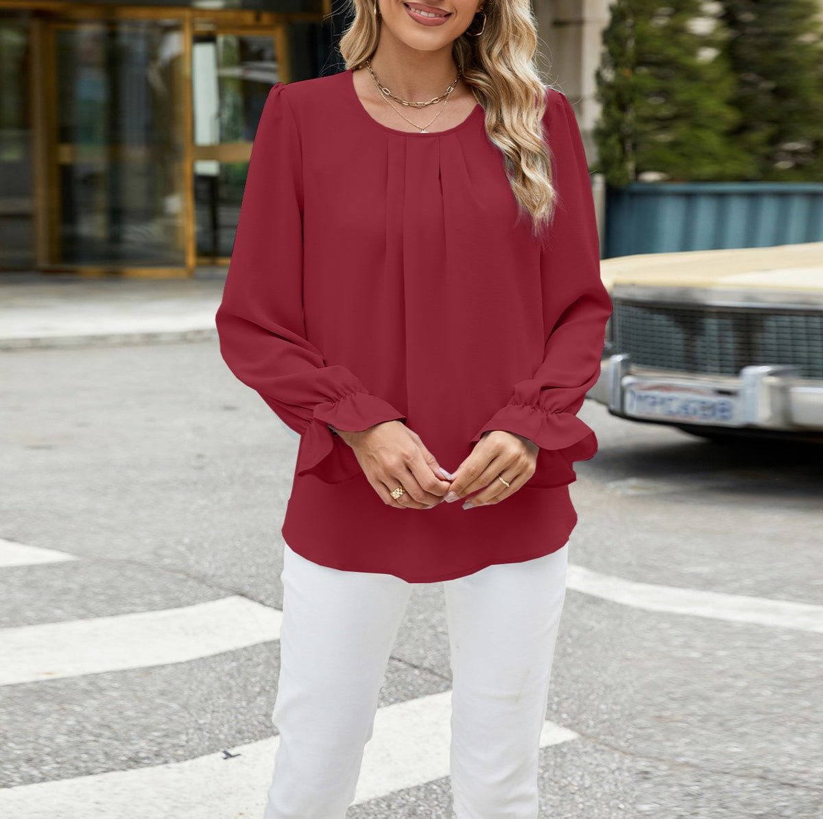 Pleated Round Neck Ruffle Cuff Blouse - Winered