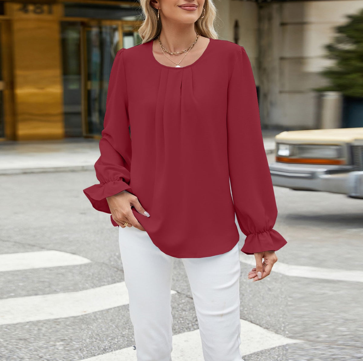Pleated Round Neck Ruffle Cuff Blouse - Winered - 1