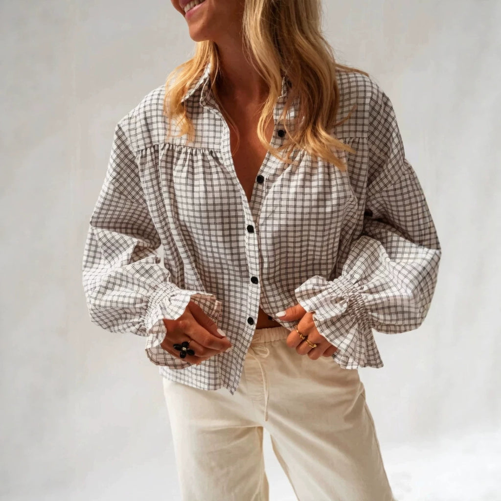 Gingham Blouse With Ruffle Cuff Balloon Sleeves - Black