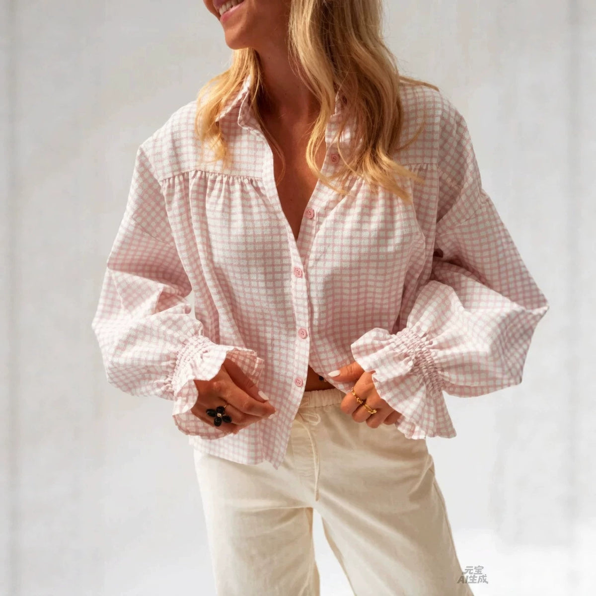 Gingham Blouse With Ruffle Cuff Balloon Sleeves - Pink