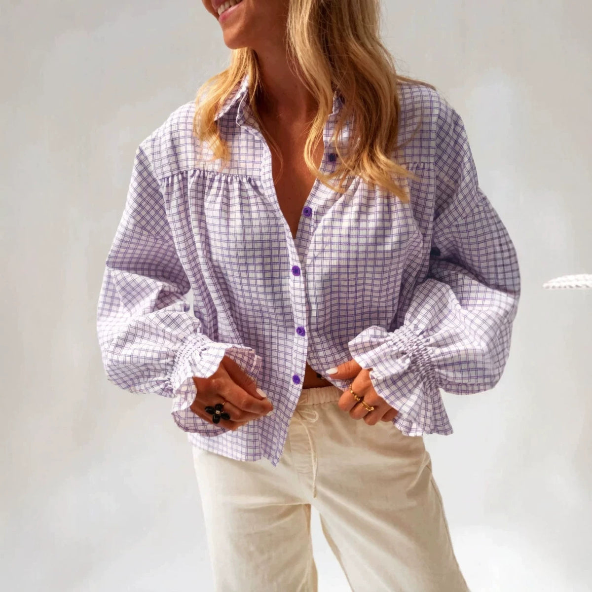 Gingham Blouse With Ruffle Cuff Balloon Sleeves - Violet