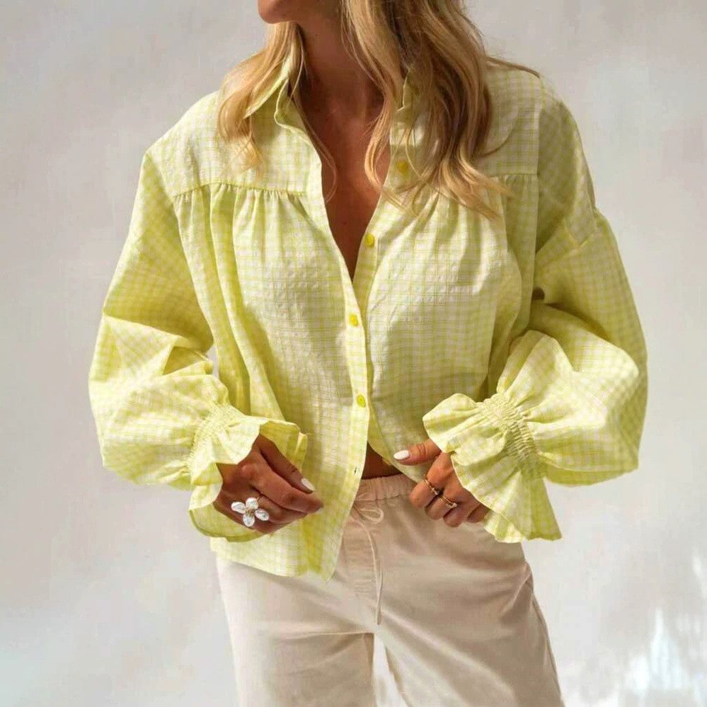 Gingham Blouse With Ruffle Cuff Balloon Sleeves - Yellow