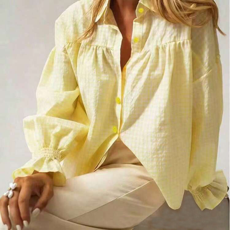 Gingham Blouse With Ruffle Cuff Balloon Sleeves - Yellow - 1