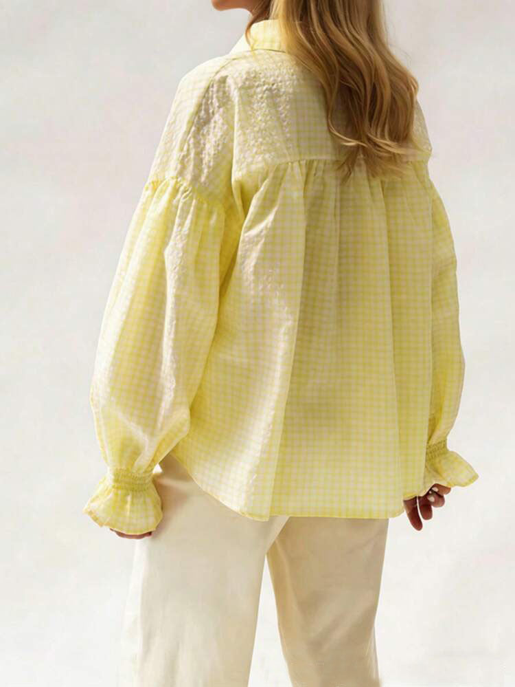 Gingham Blouse With Ruffle Cuff Balloon Sleeves - Yellow - 2
