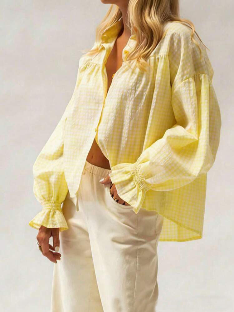 Gingham Blouse With Ruffle Cuff Balloon Sleeves - Yellow - 3