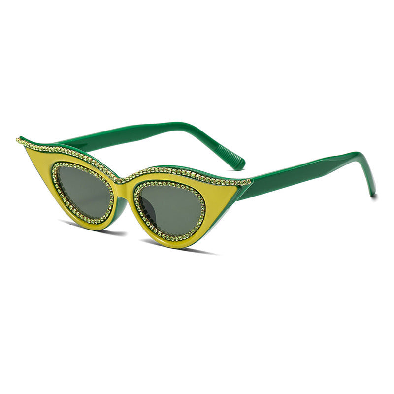 Pointed Retro Cat Eye Crystal Sunglasses - Green