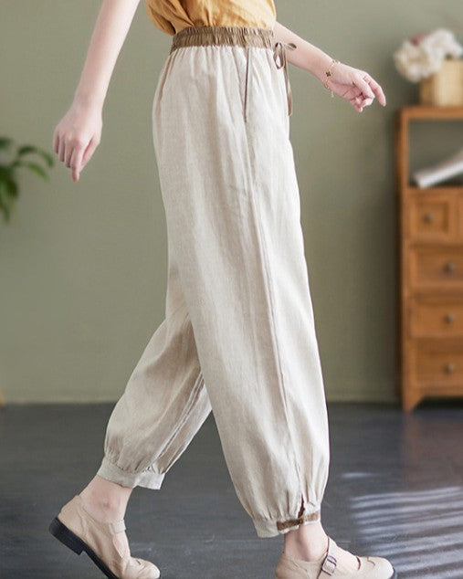 Drawstring Waist Tapered Lantern Ankle Pants - Apricot
