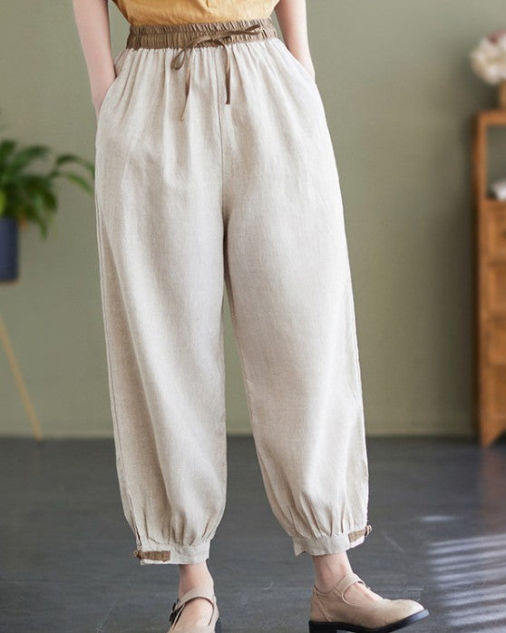 Drawstring Waist Tapered Lantern Ankle Pants - Apricot - 2
