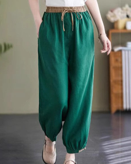 Drawstring Waist Tapered Lantern Ankle Pants - Green
