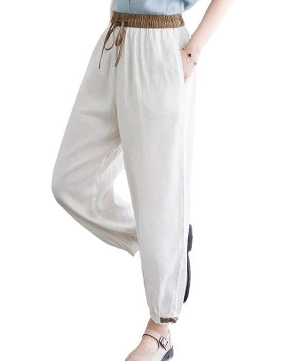 Drawstring Waist Tapered Lantern Ankle Pants - White