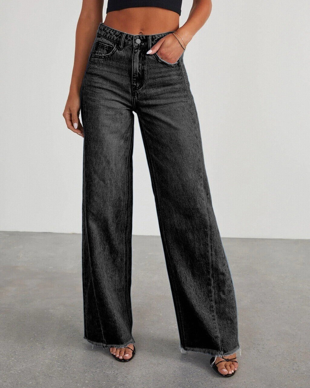 Raw Hem Wide Leg Baggy Jeans - Black