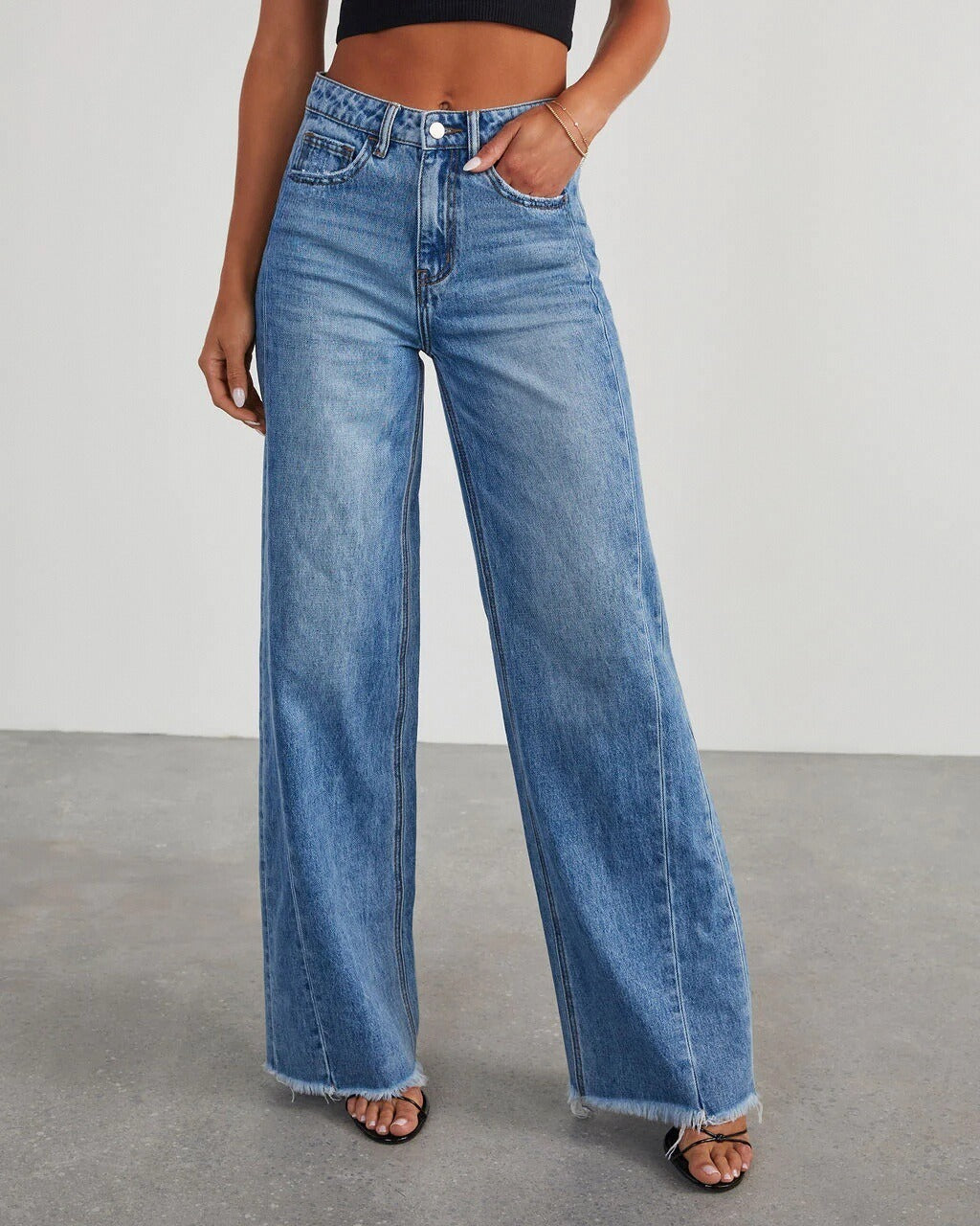 Raw Hem Wide Leg Baggy Jeans - Blue