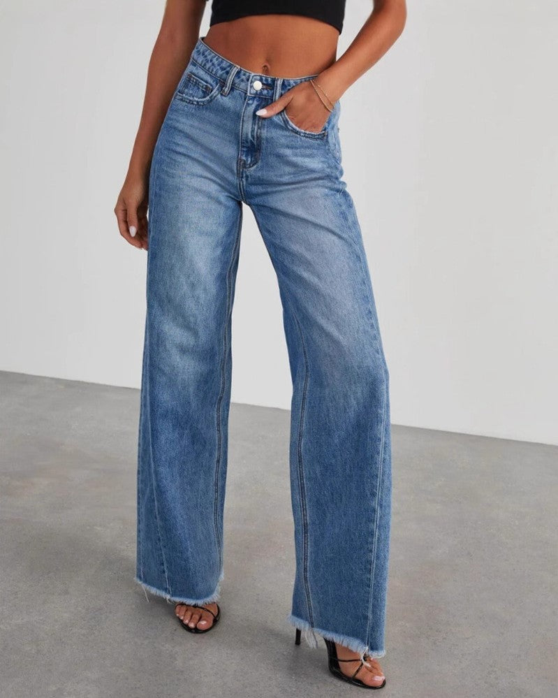 Raw Hem Wide Leg Baggy Jeans - Blue - 1
