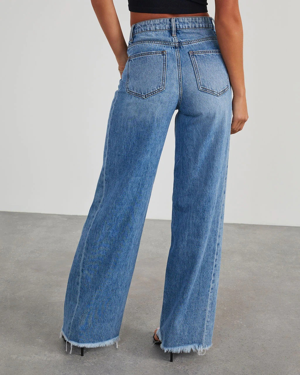 Raw Hem Wide Leg Baggy Jeans - Blue - 2