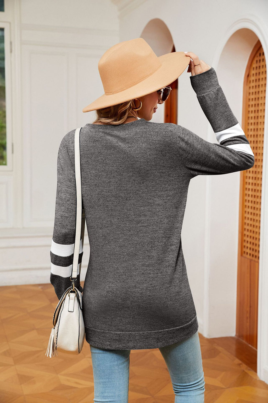 Varsity Stripe Sleeve Longline Tunic Top - Grey - 2