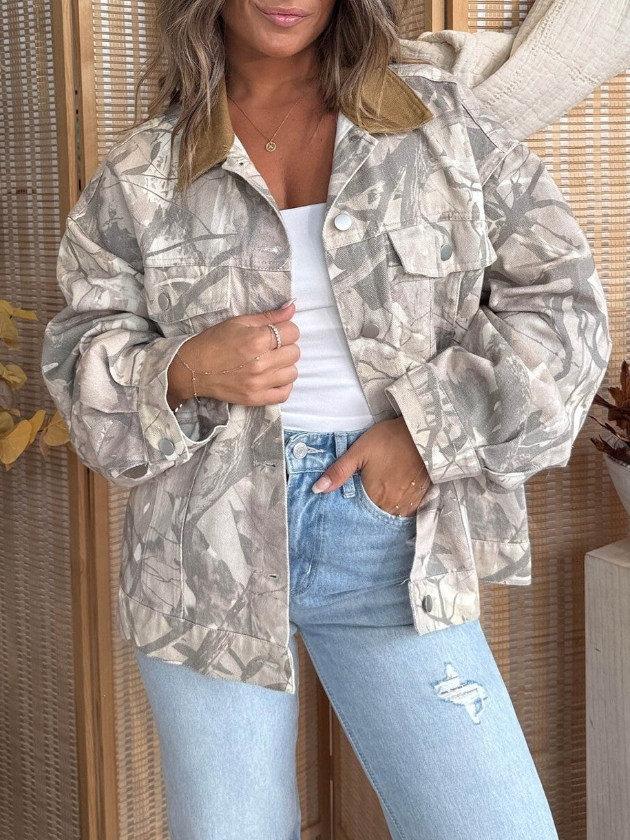 Silver Camo Print Oversized Collared Shirt Jacket - Silver