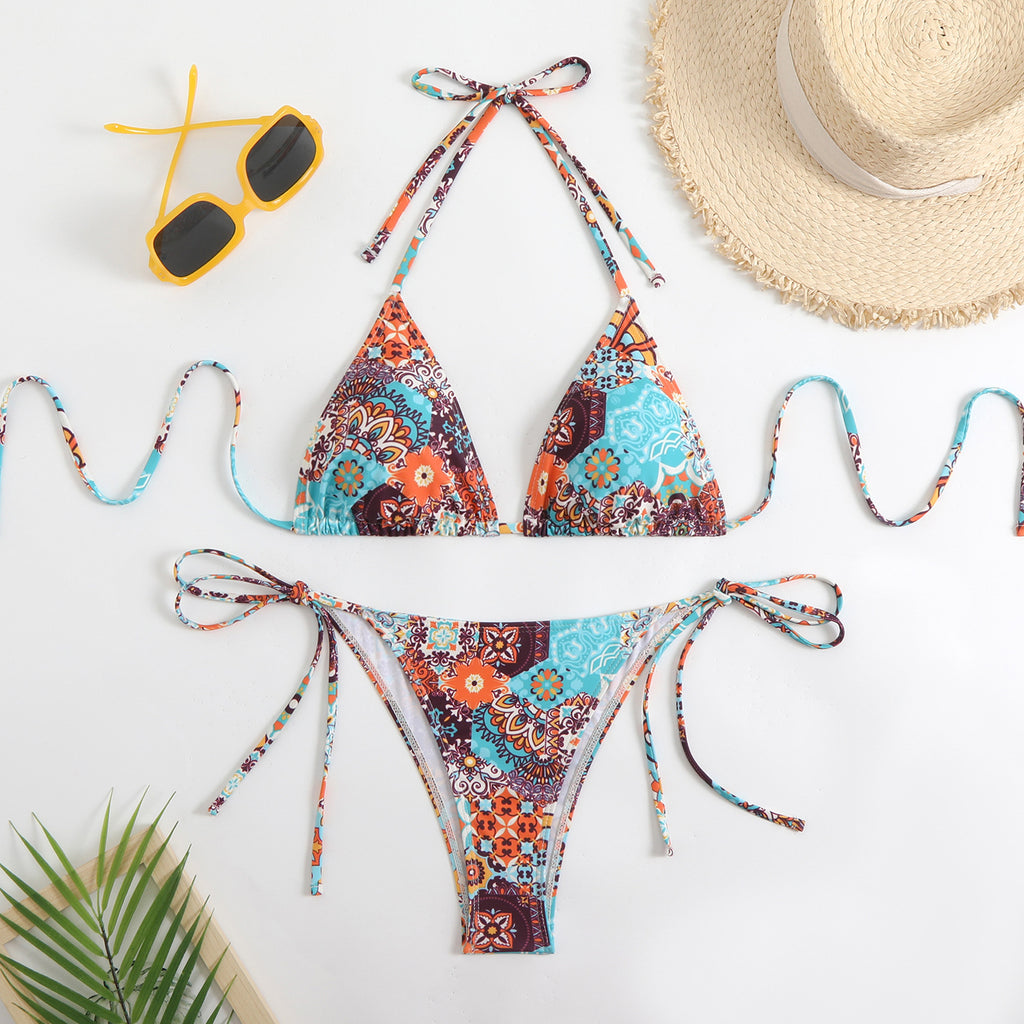 Ditsy Floral Patchwork String Bikini Set - Coffee