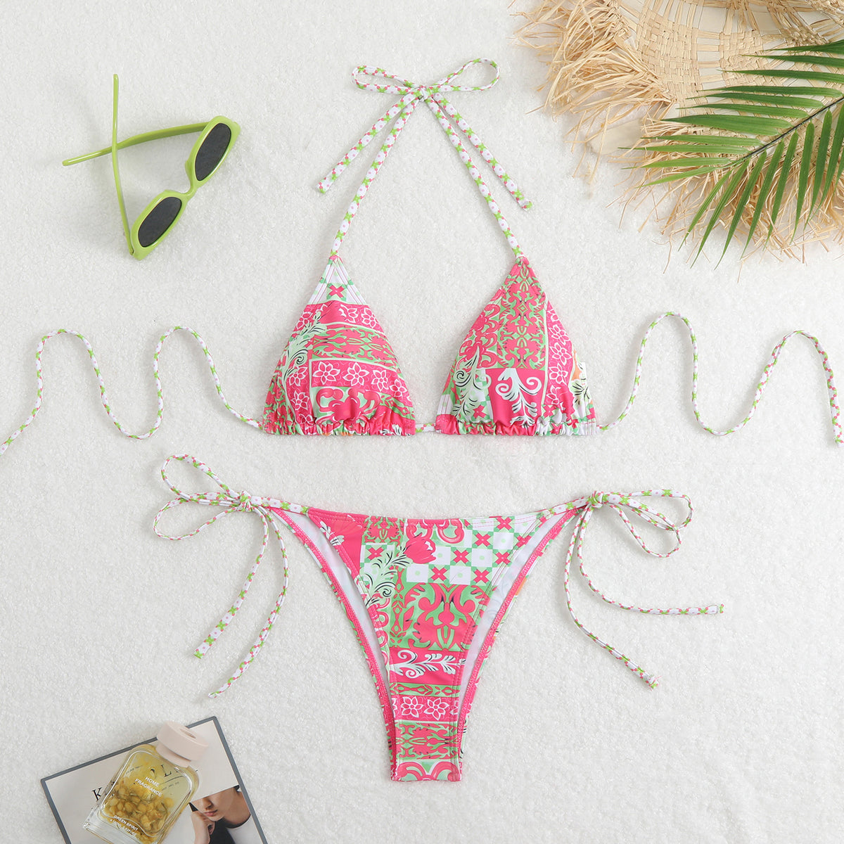 Ditsy Floral Patchwork String Bikini Set - Green