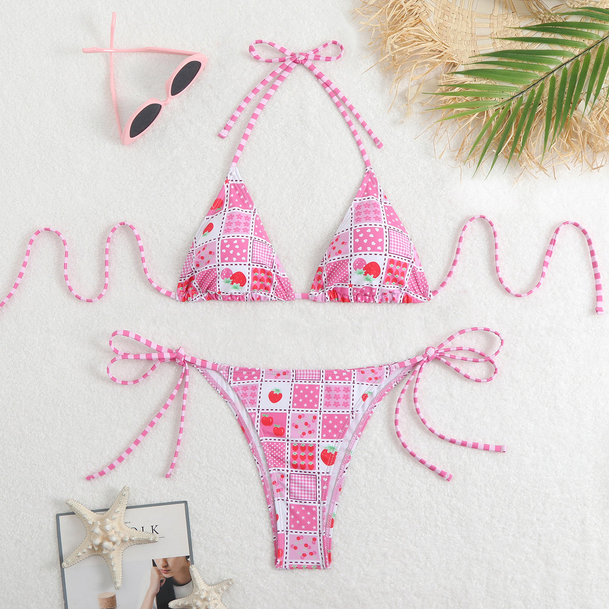 Ditsy Floral Patchwork String Bikini Set - Pink