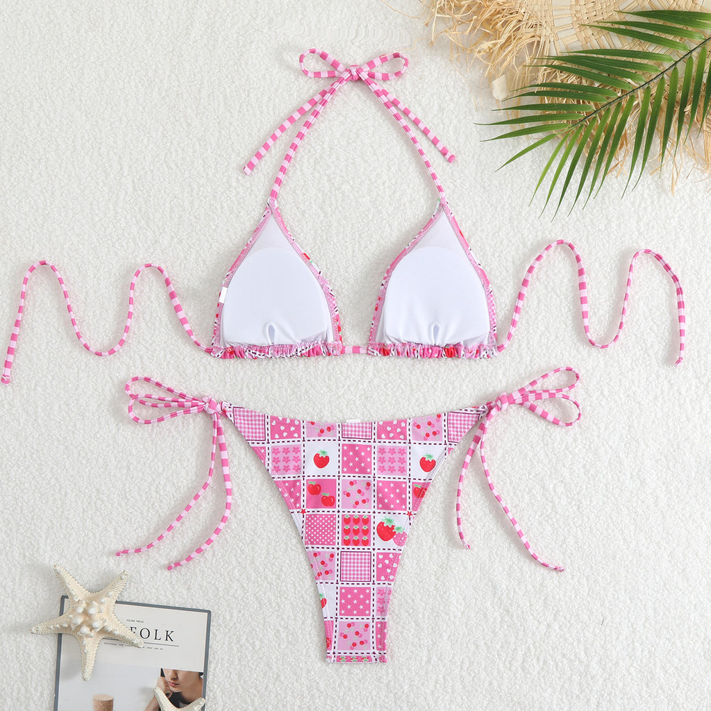 Ditsy Floral Patchwork String Bikini Set - Pink - 1