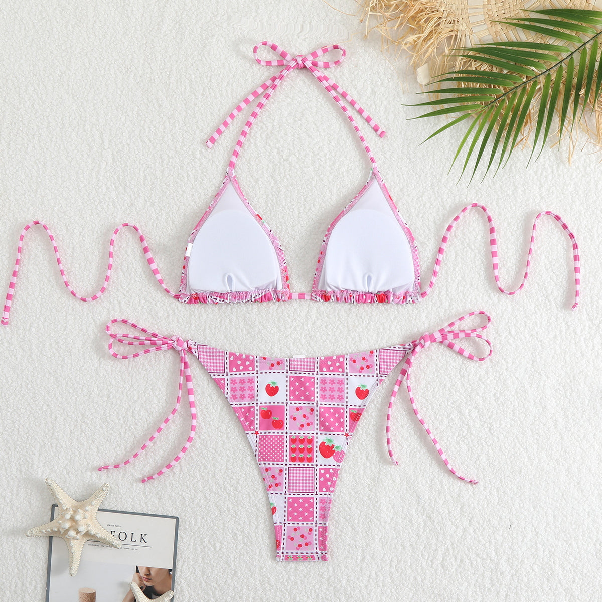 Ditsy Floral Patchwork String Bikini Set - Pink - 1