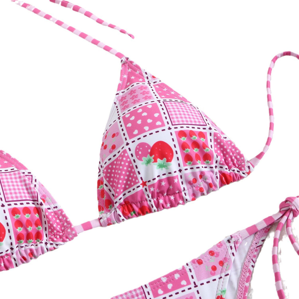 Ditsy Floral Patchwork String Bikini Set - Pink - 2