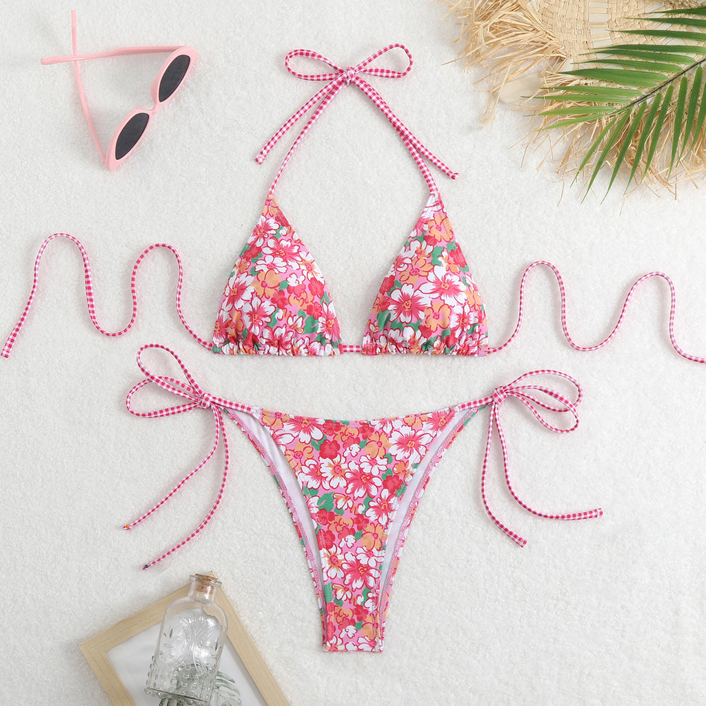 Ditsy Floral Patchwork String Bikini Set - Rosered