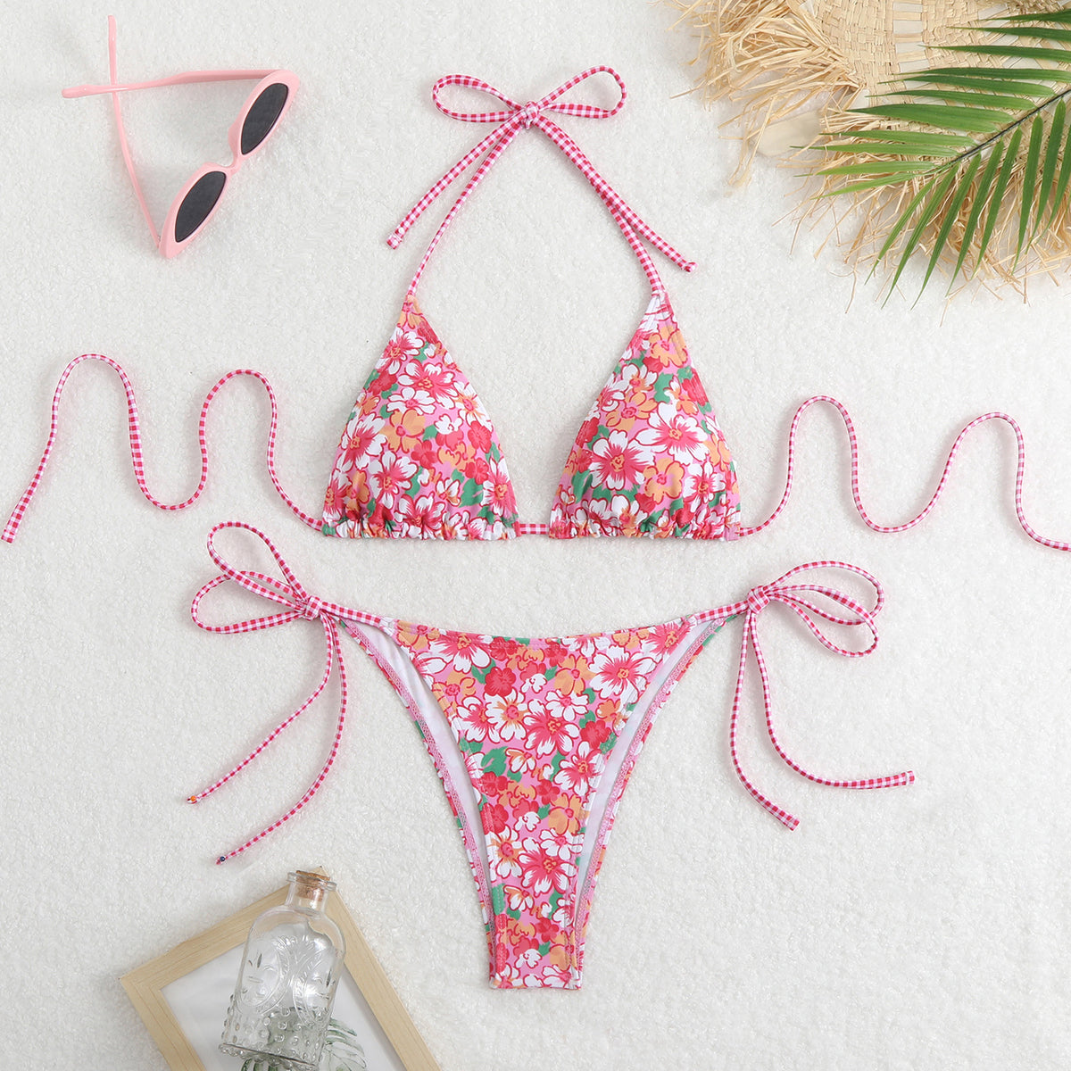 Ditsy Floral Patchwork String Bikini Set - Rosered