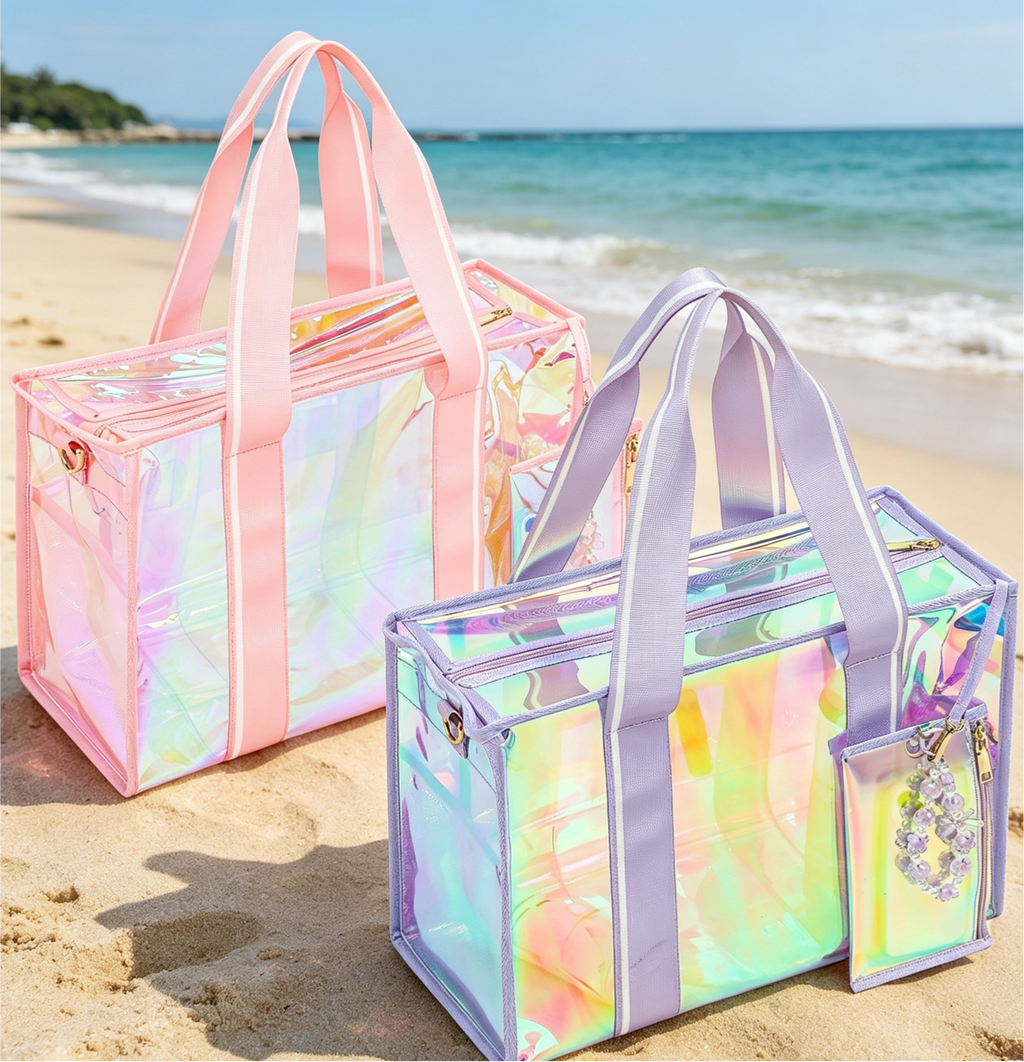 Iridescent Clear Tote Bag With Wristlet Pouch - Purple