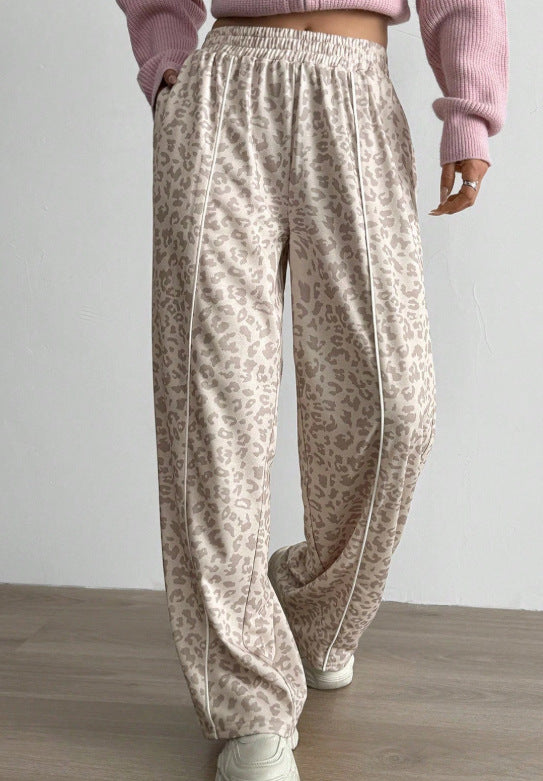 Side Stripe Leopard Wide Leg Trousers - Beige