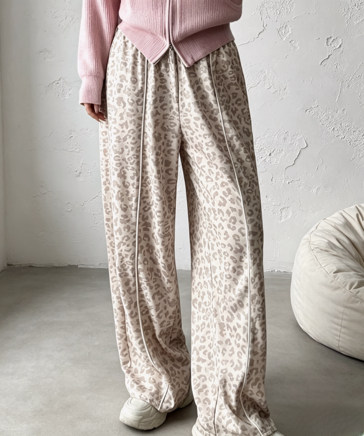 Side Stripe Leopard Wide Leg Trousers - Beige - 1