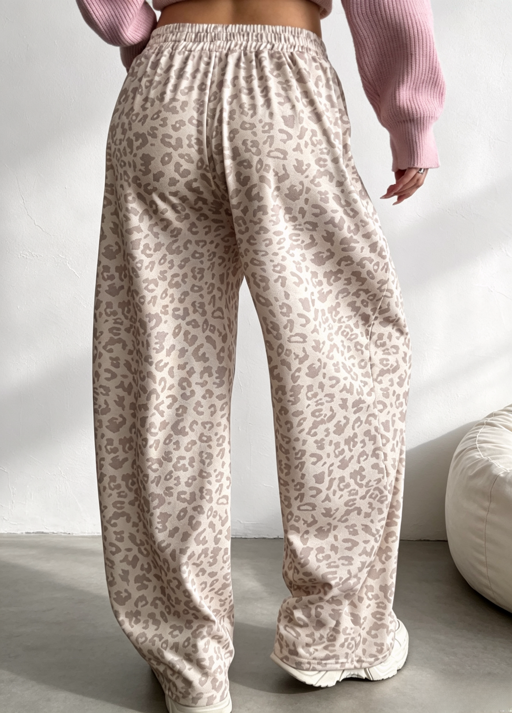 Side Stripe Leopard Wide Leg Trousers - Beige - 2
