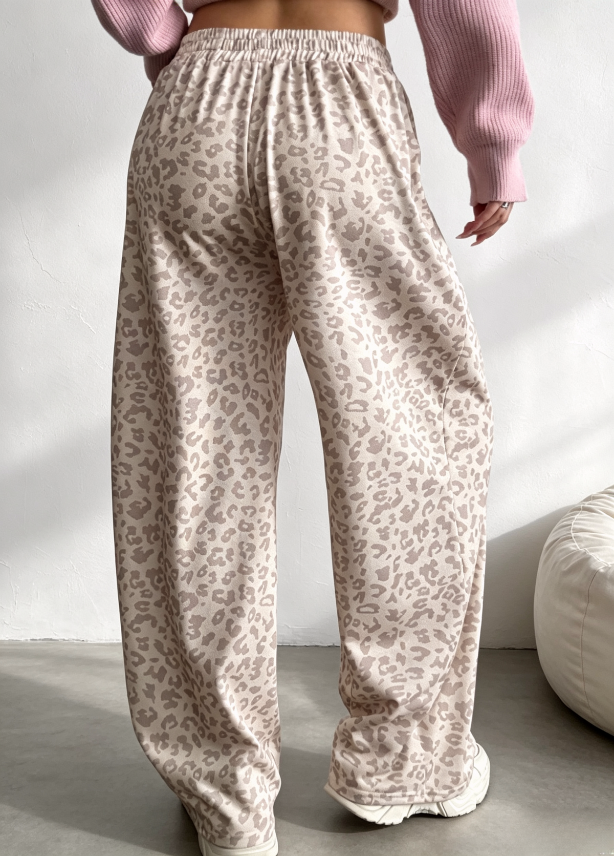 Side Stripe Leopard Wide Leg Trousers - Beige - 2