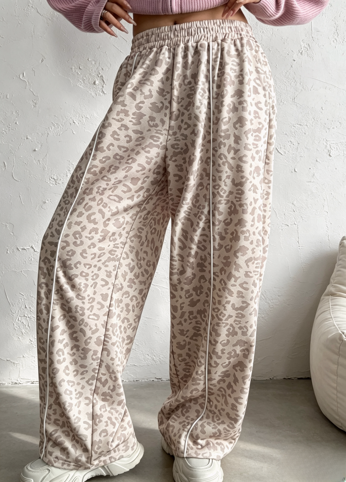 Side Stripe Leopard Wide Leg Trousers - Beige - 3