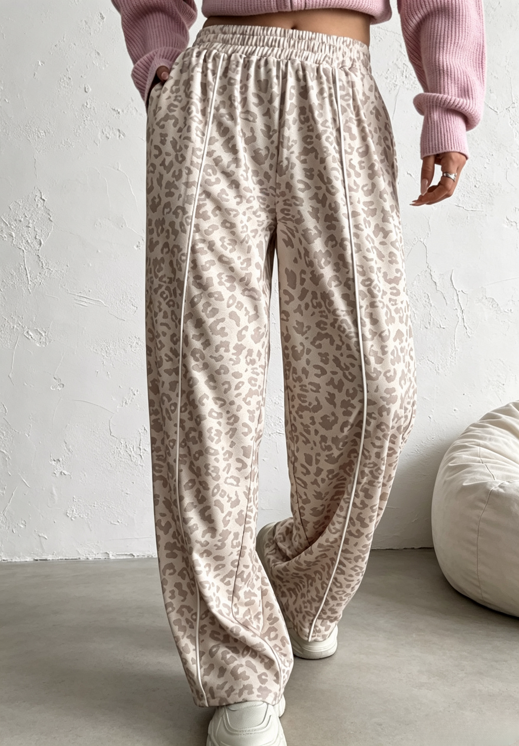 Side Stripe Leopard Wide Leg Trousers - Beige - 4