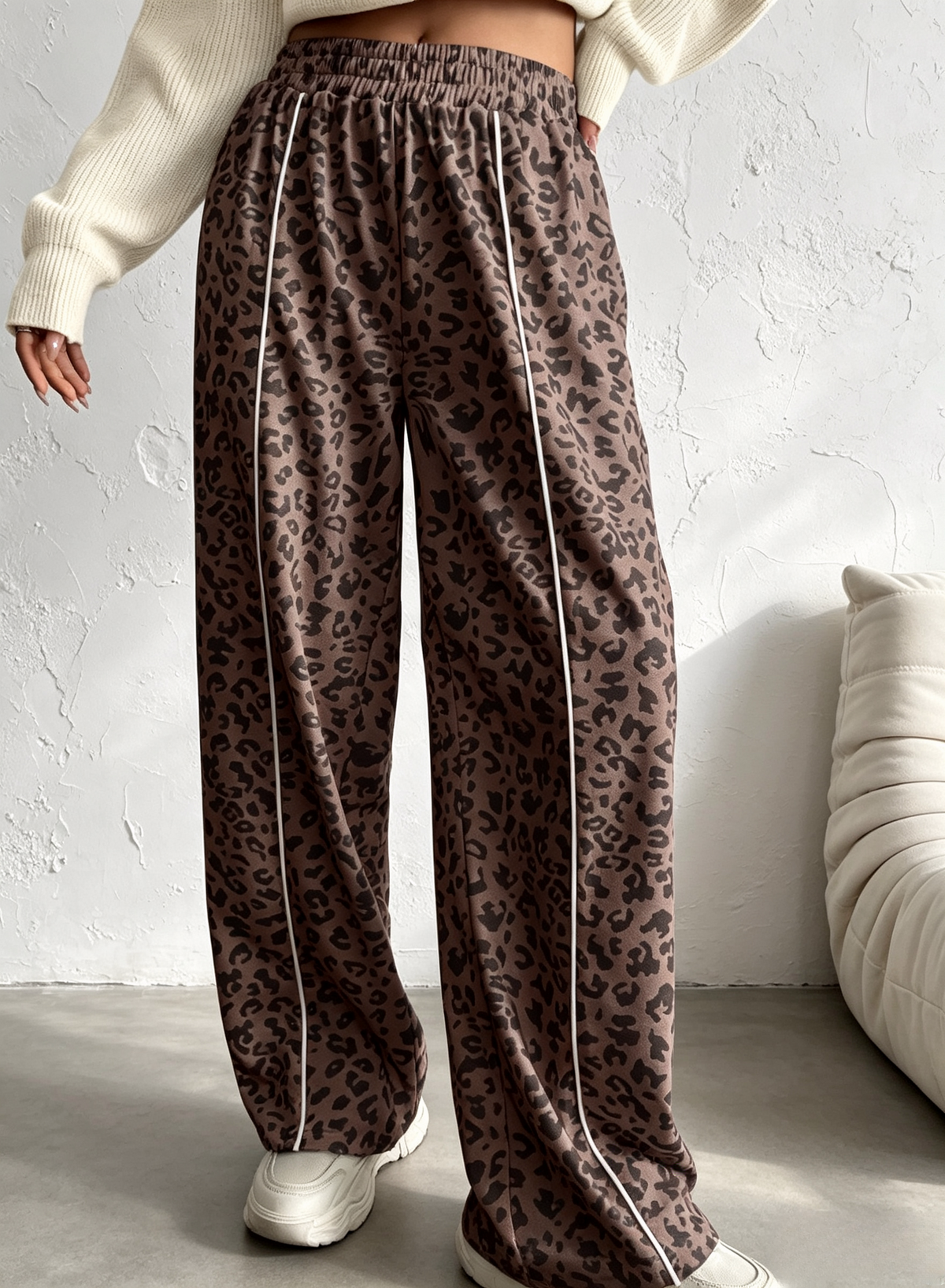 Side Stripe Leopard Wide Leg Trousers - Brown