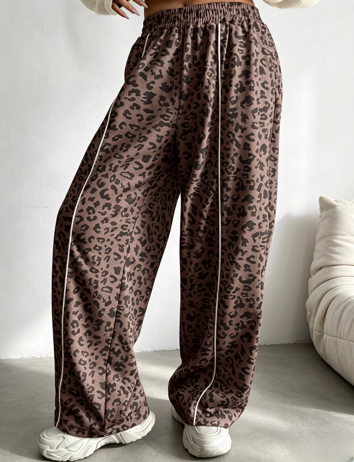 Side Stripe Leopard Wide Leg Trousers - Brown - 1