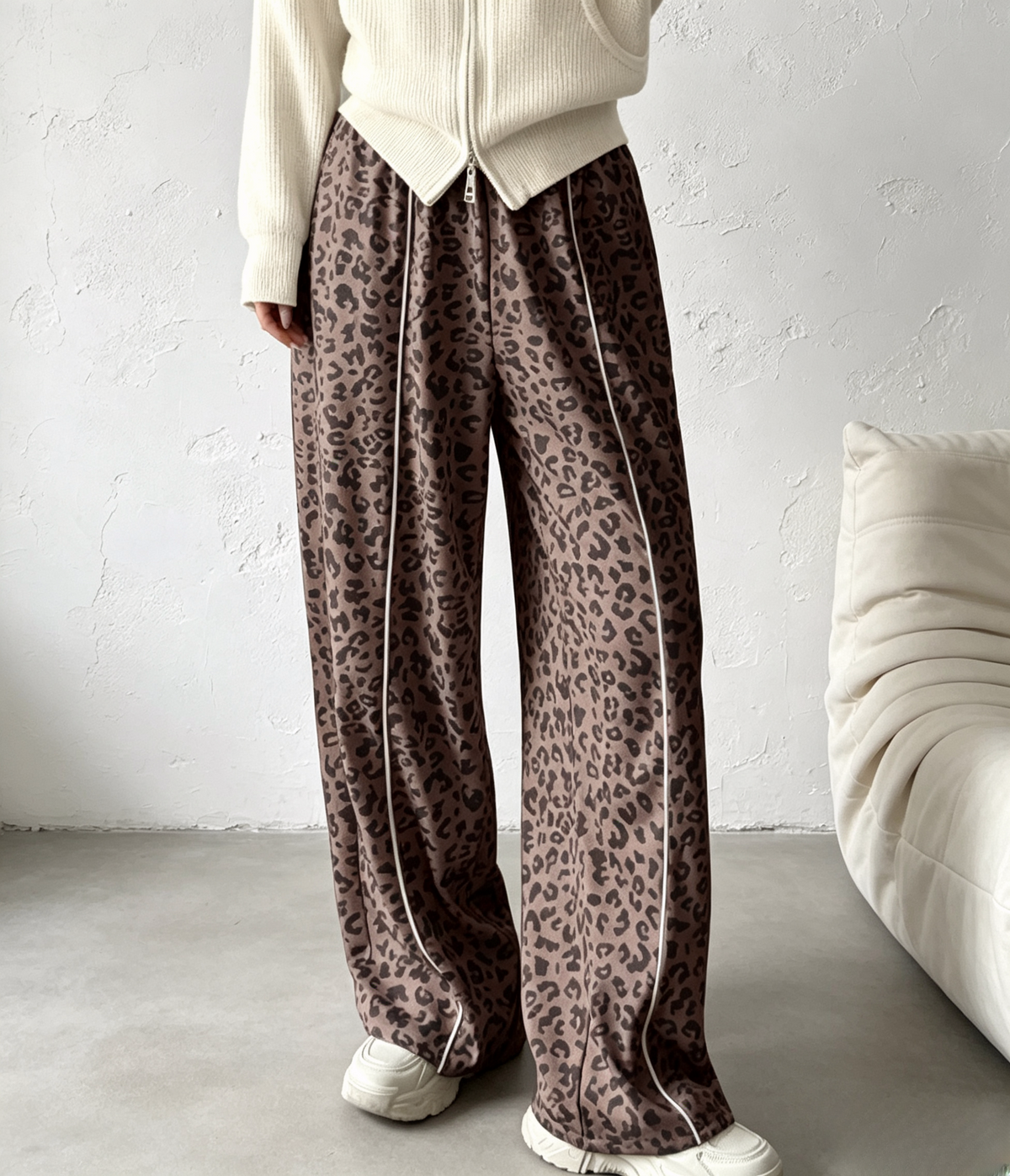 Side Stripe Leopard Wide Leg Trousers - Brown - 2