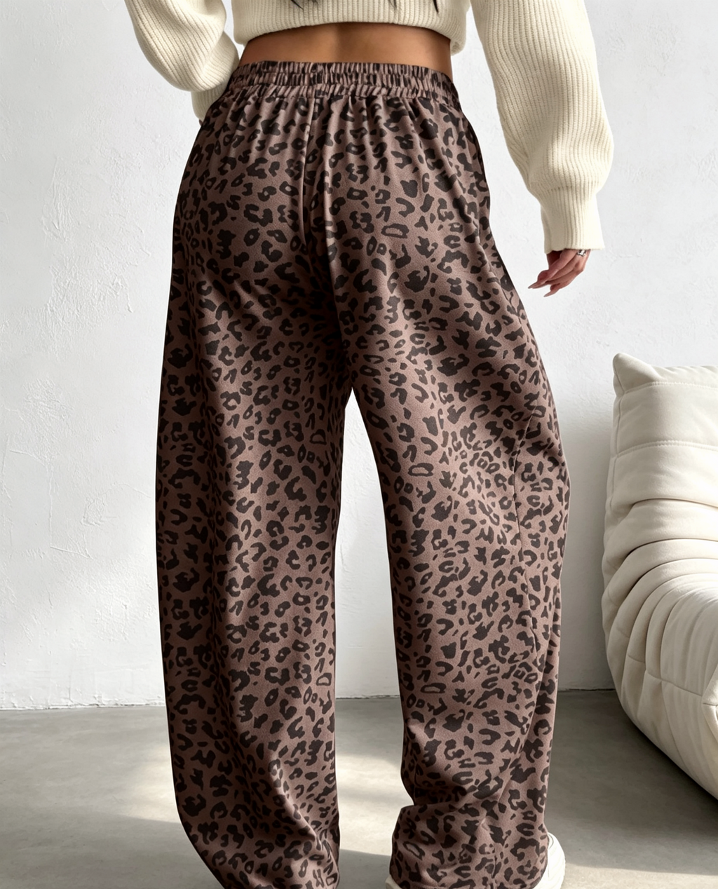 Side Stripe Leopard Wide Leg Trousers - Brown - 3